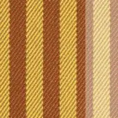 Woven textile, “Voulez Vous” Girasole fabric by miniforms, features yellow and terracotta vertical stripes with a dense, diagonal weave.
